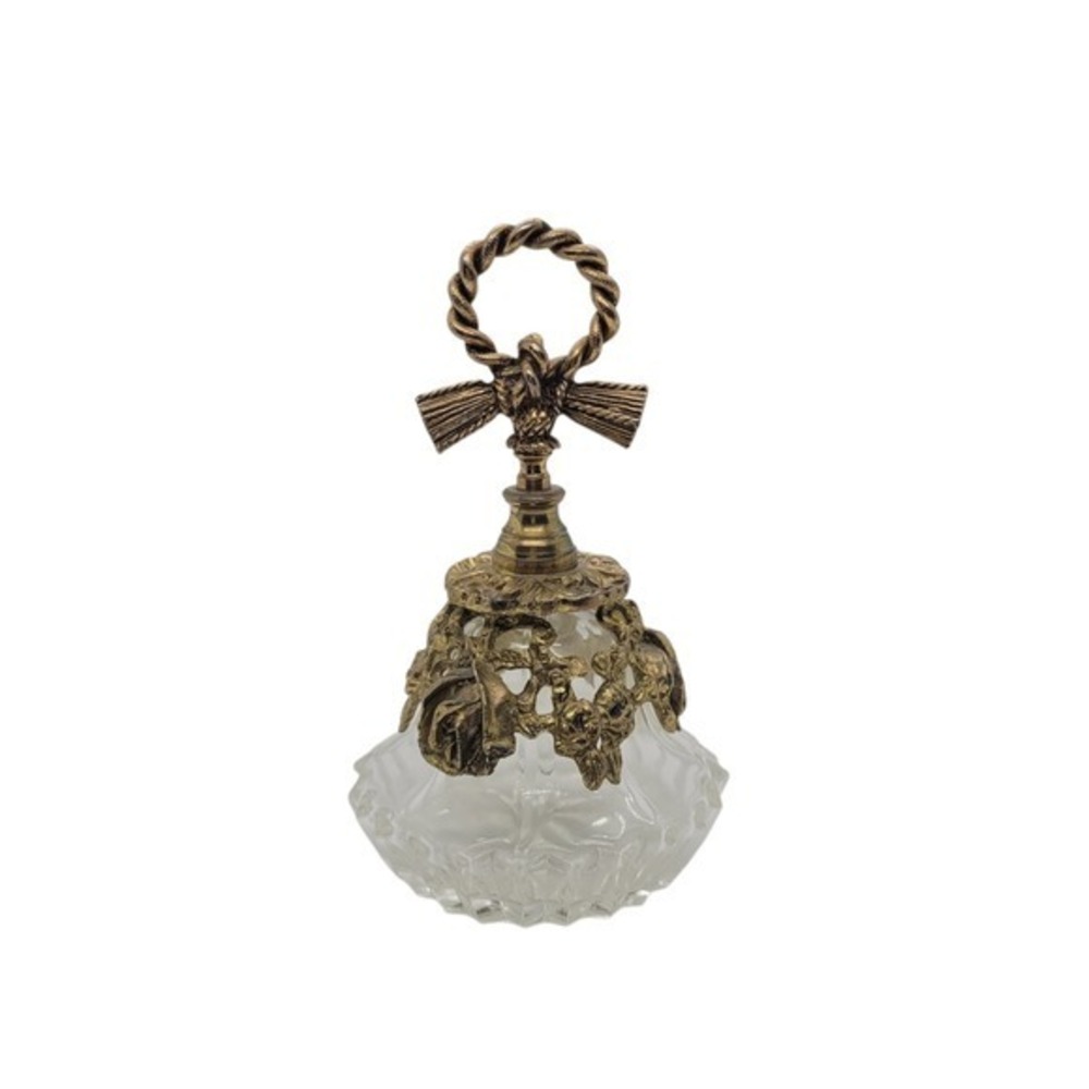 Vintage Glass Perfume Bottle Brass Rose Filigree Bow Wreath Finial Glass Dabber